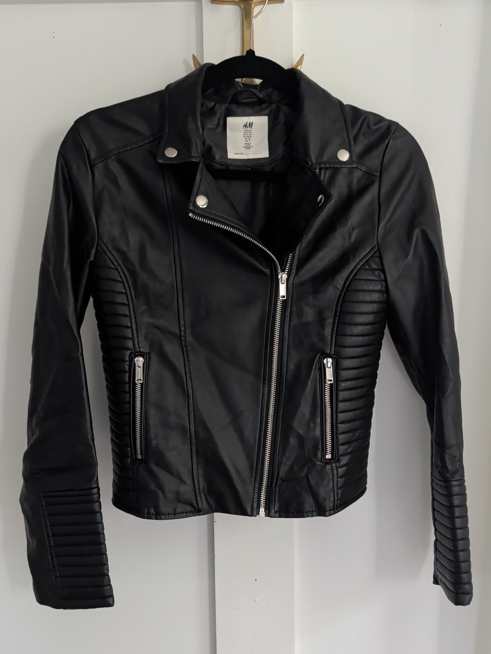 H&M Girls 13-14Y / XS Black Leather Biker Jacket Zip Up Pockets Quilted Accents